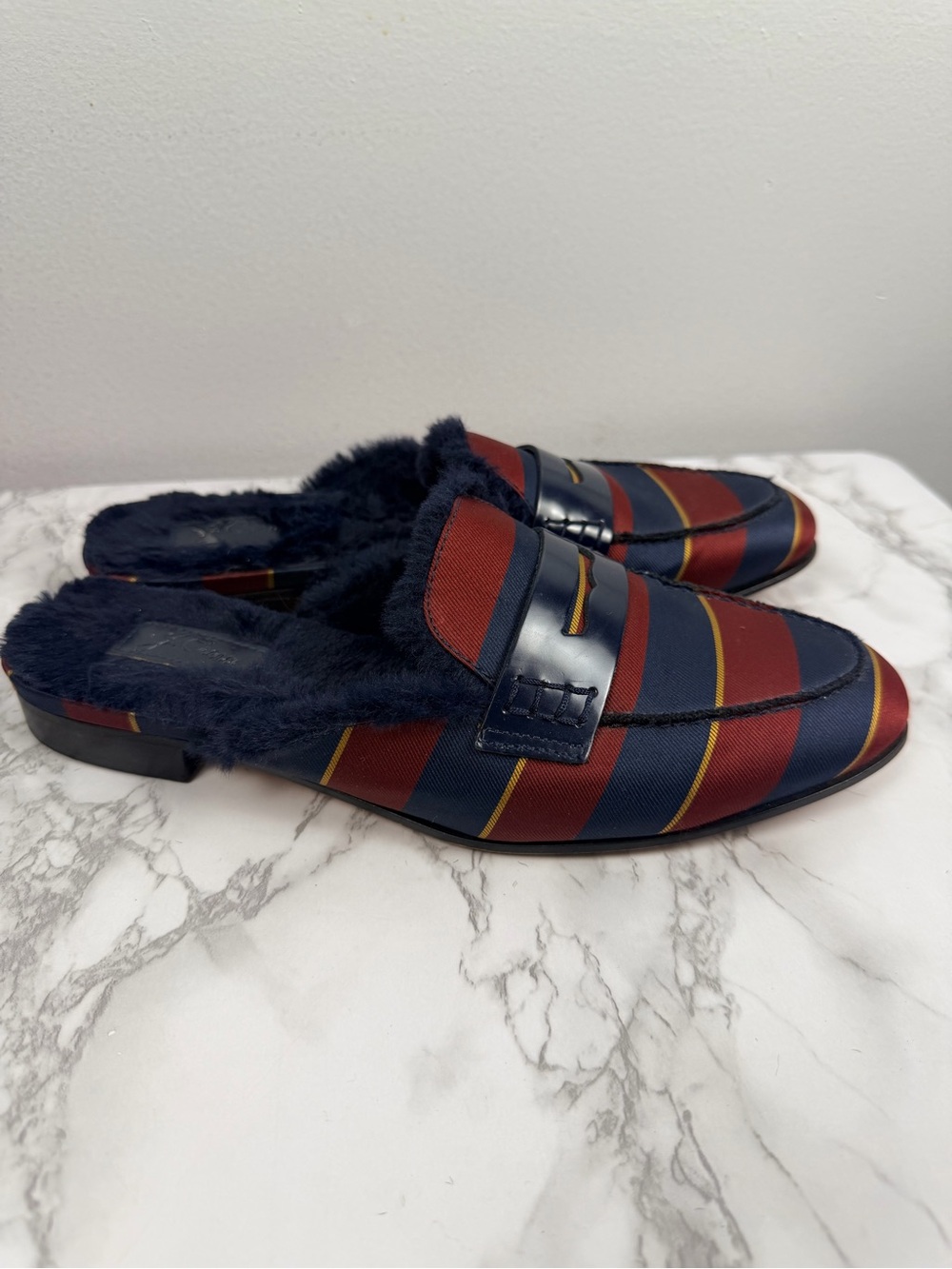 J.CREW Academy Navy Blue/Burgundy Strips w. Faux Fur Lining Loafer Mules Sz 8